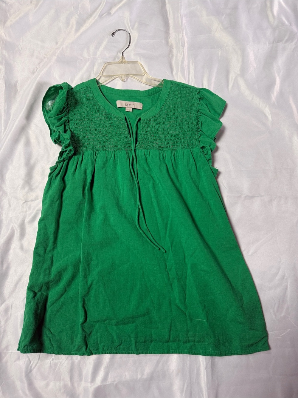 LOFT Green Smocked Tie-Front Cotton Linen top